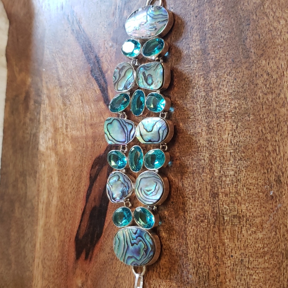 Handcrafted Silver Abalone Shell and BlueTopaz Quartz Statement Bracelet